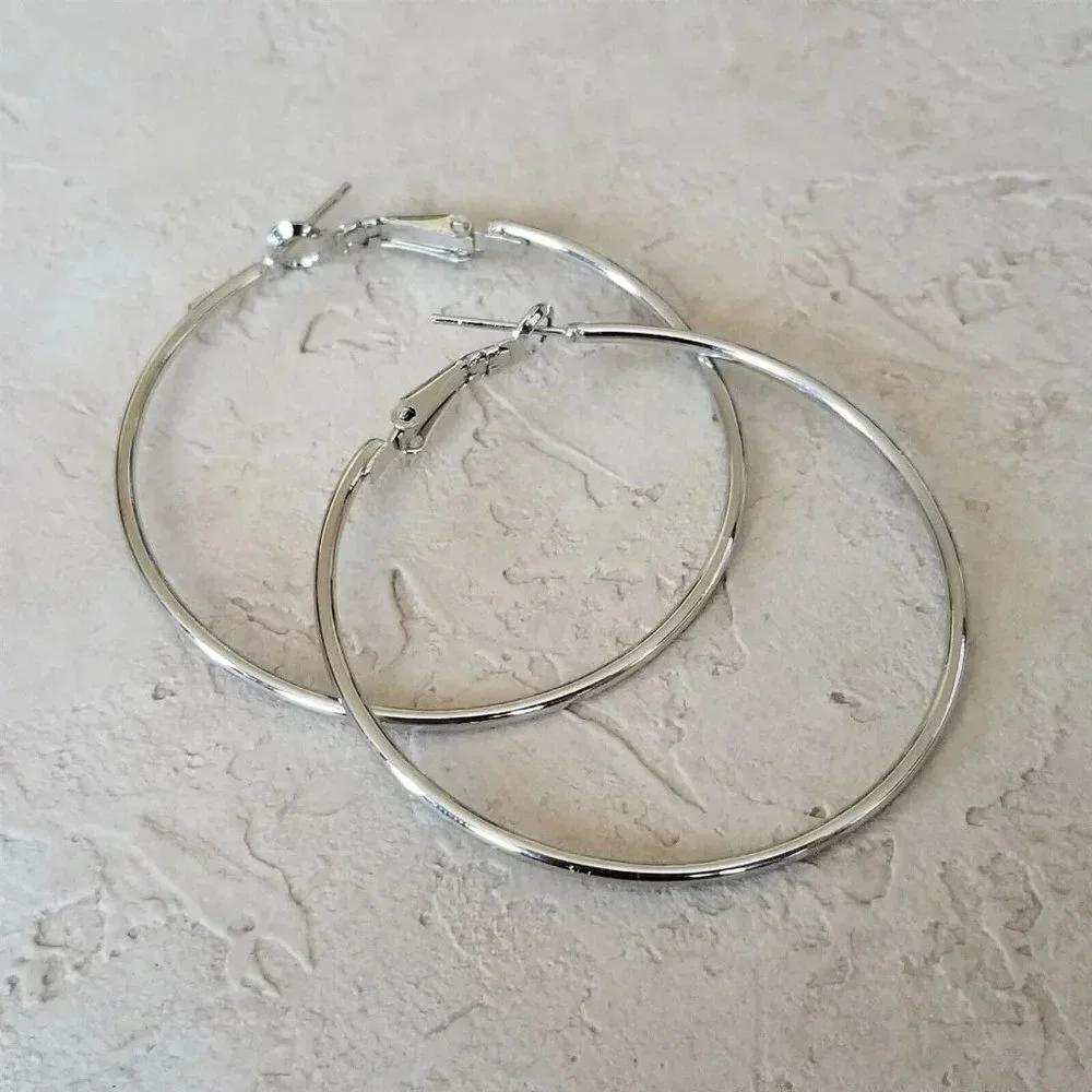 Minimalist Classic Sleek Silver Large Hoop Earrings 50mm 2